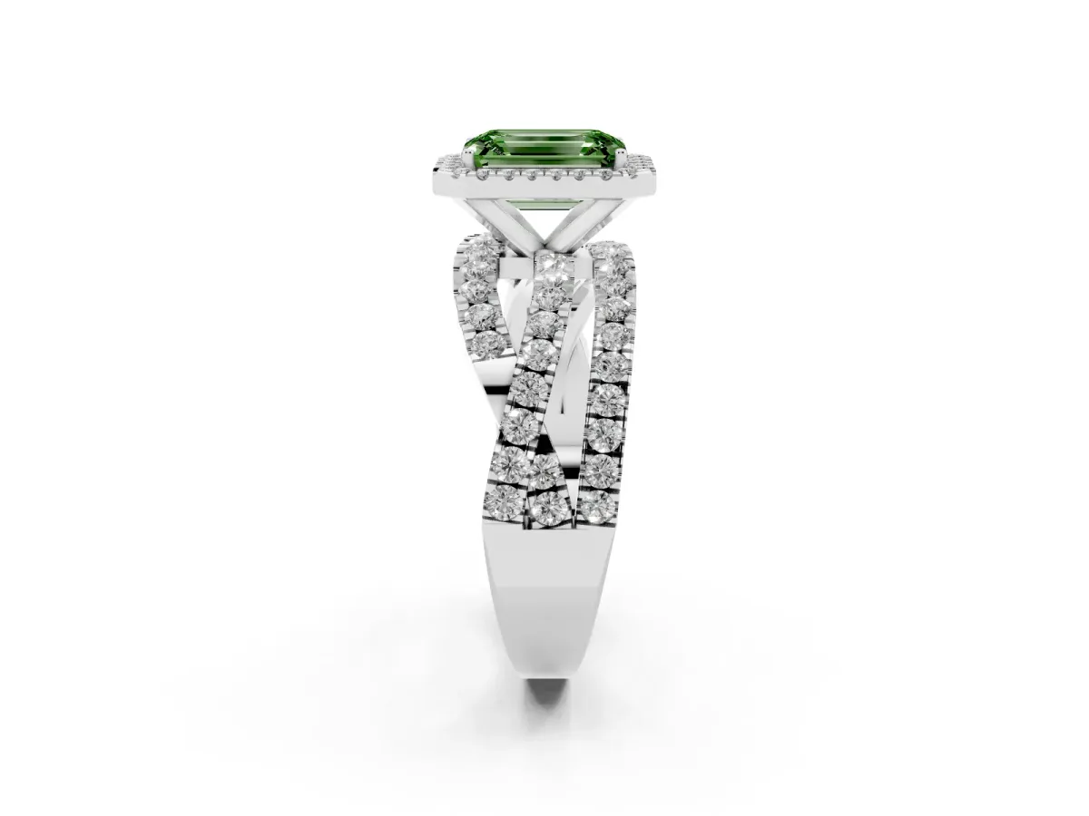 Fancy Green Emerald Cut Diamond Halo Ring with Round Split Shank and Prong Setting Silver