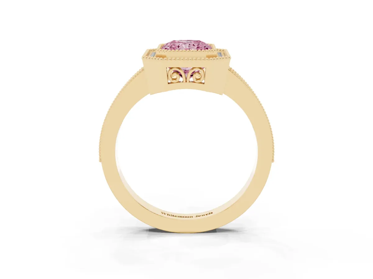 Fancy Pink Radiant Cut Cut Halo Diamond Ring with Pavé Band and Milgrain Prong Setting Yellow gold