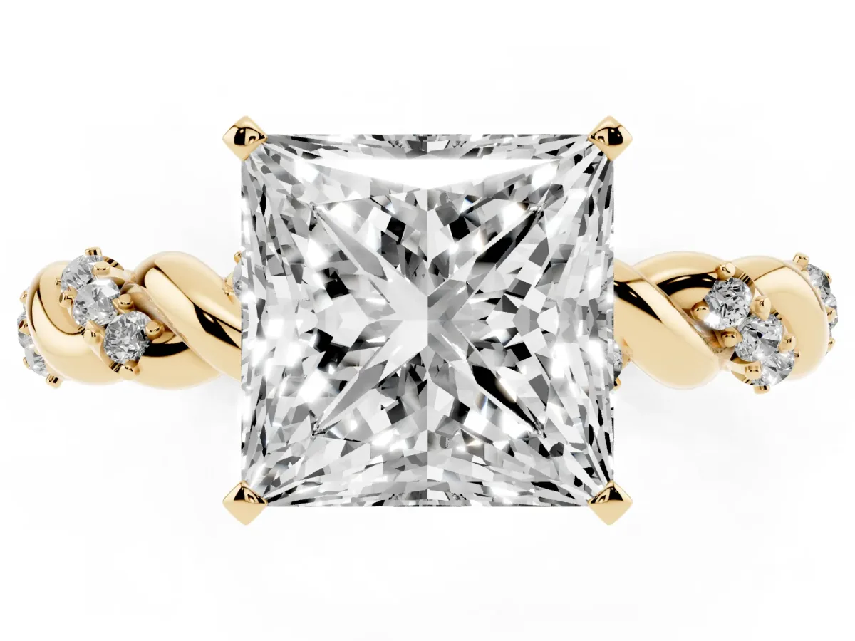 Princess Cut Diamond Solitaire Ring with Twisted Band and Pavé Accents Yellow gold