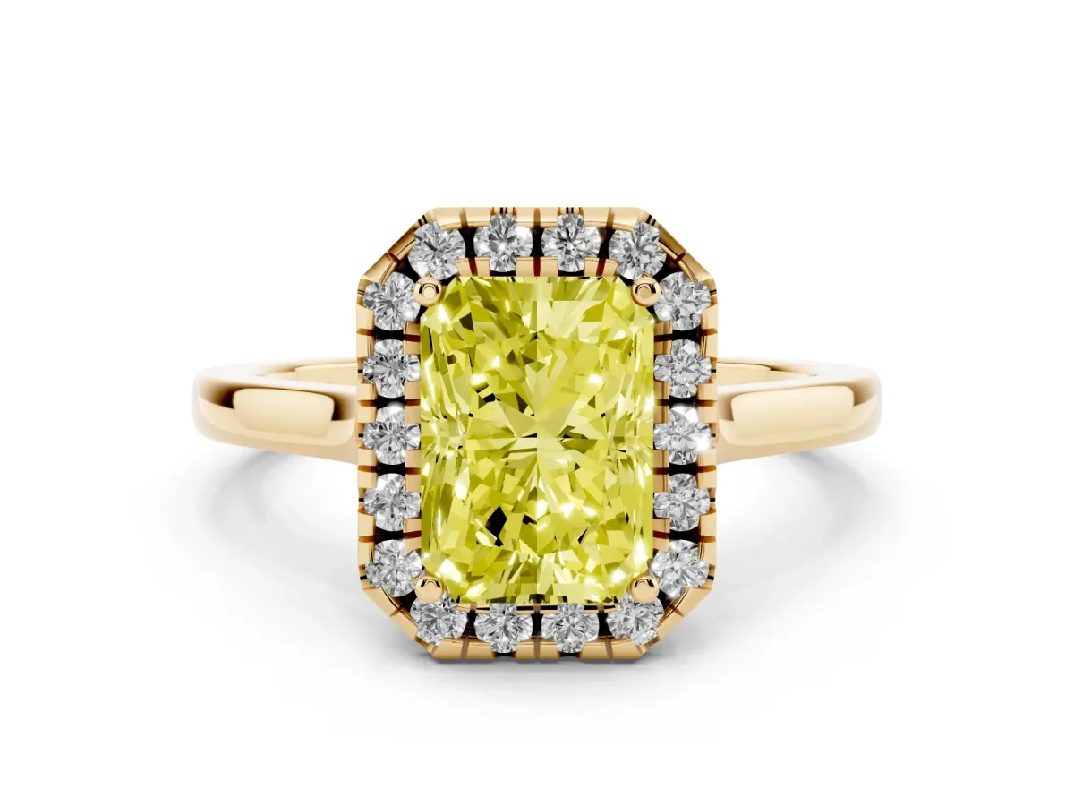 Fancy Yellow Radiant Cut Halo Round Diamond Solitaire Ring with Pavé Band and Four-Prong Setting Yellow gold