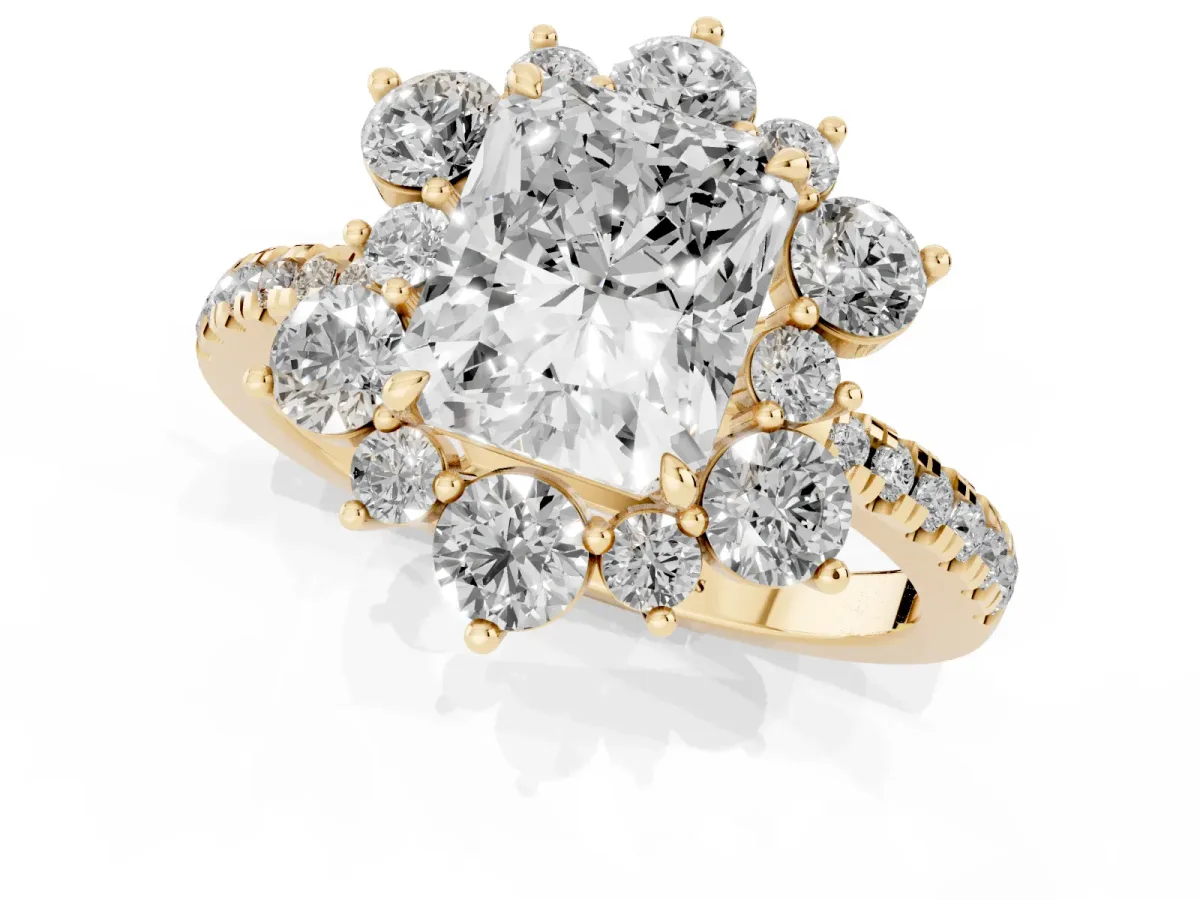 Radiant Cut Diamond Floral Halo Ring with Round Pavé Band and Prong Setting Yellow gold