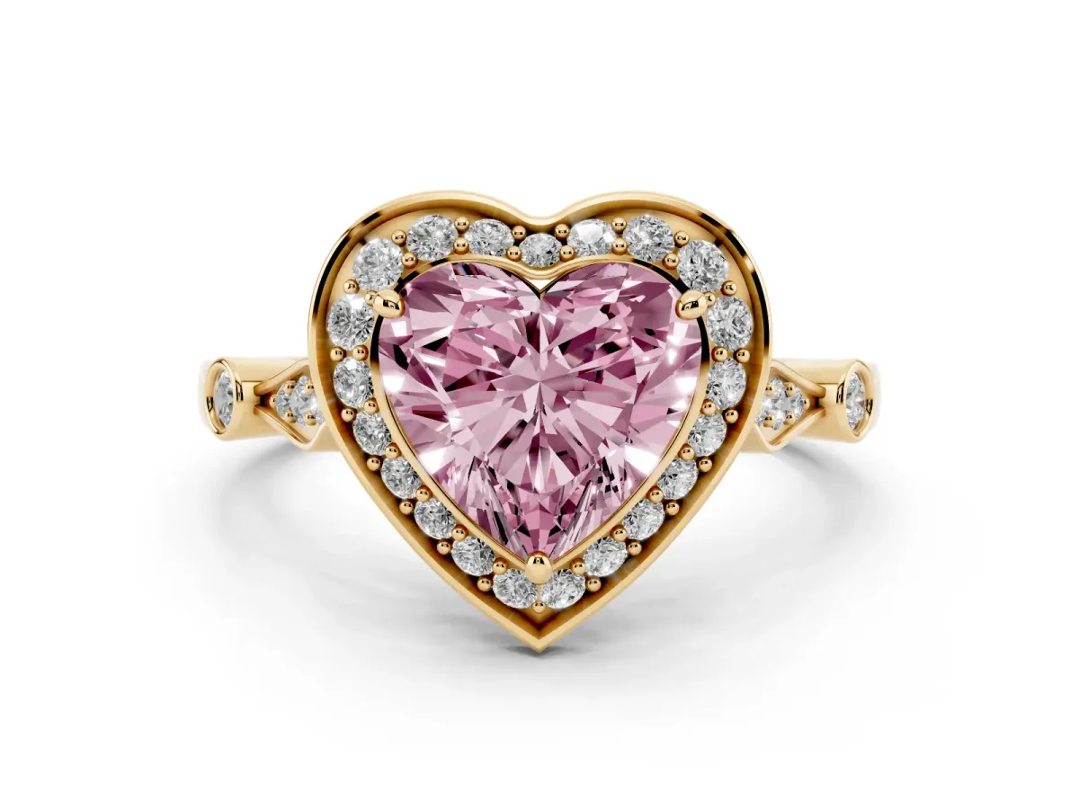 Fancy Pink Heart Cut Halo Diamond Engagement Ring with Twisted Band and Four-Prong Setting Yellow gold