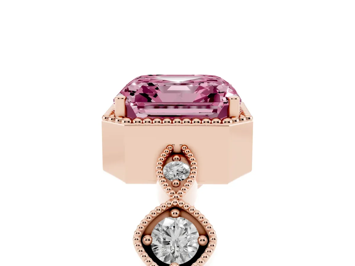 Fancy Pink Asscher Cut Diamond Vintage Milgrain Ring with Round Stations Rose gold