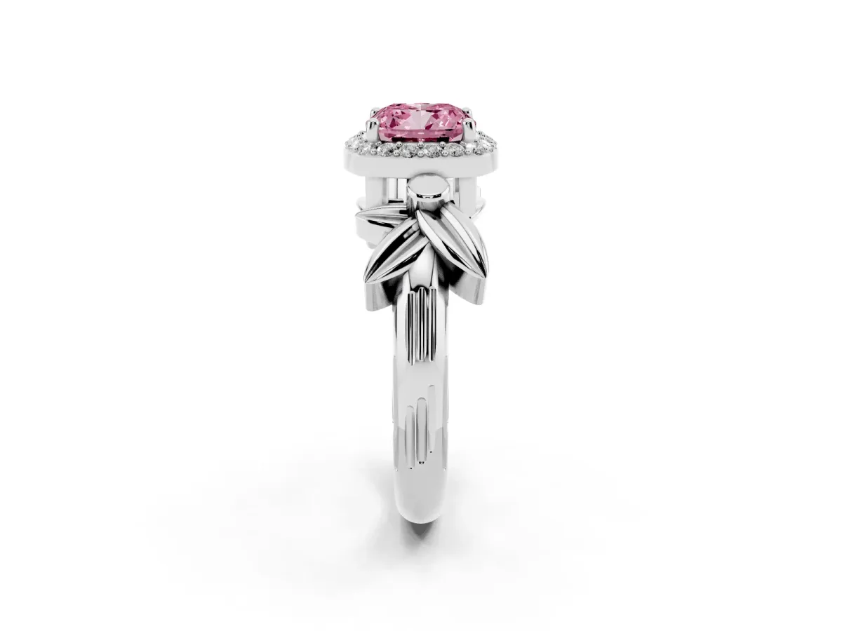 Fancy Pink Cushion Cut Halo Diamond Floral Band with Four-Prong Setting White gold