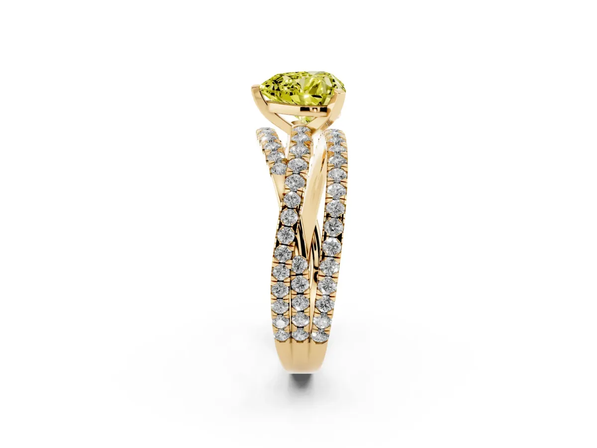 Fancy Yellow Heart Cut Solitaire Twist Band with Pavé Setting and Four-Prong Setting Yellow gold