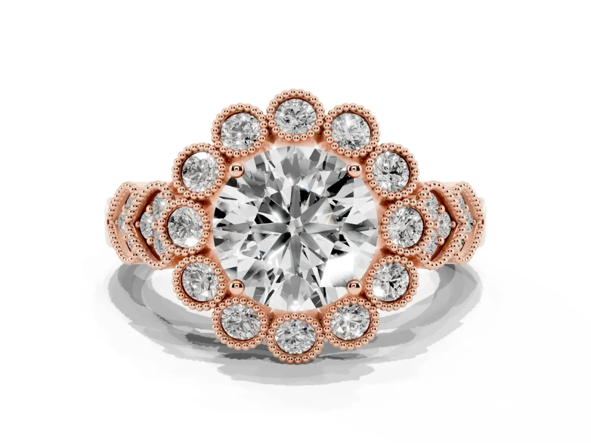 Round Cut Brilliant Milgrain Pave Heart Band Solitaire Ring Rose gold