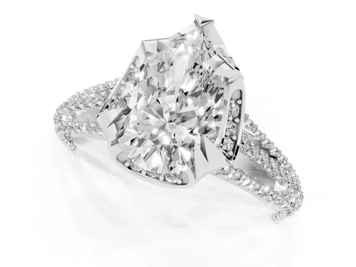 Pear Cut Solitaire Pave Split Shank Ring with Four-Prong Setting Silver