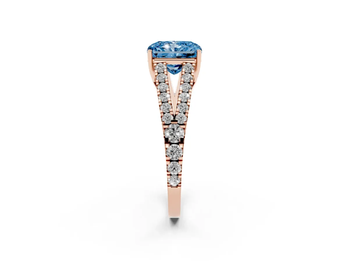 Fancy Blue Radiant Cut Diamond Split Shank Engagement Ring with Round Pavé and Prong Setting Rose gold