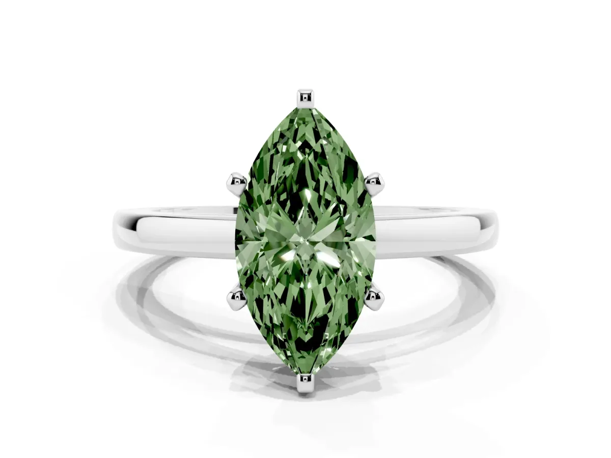 Fancy Green Marquise Cut Solitaire Diamond Engagement Ring with Four-Prong Setting on a Classic Band Silver