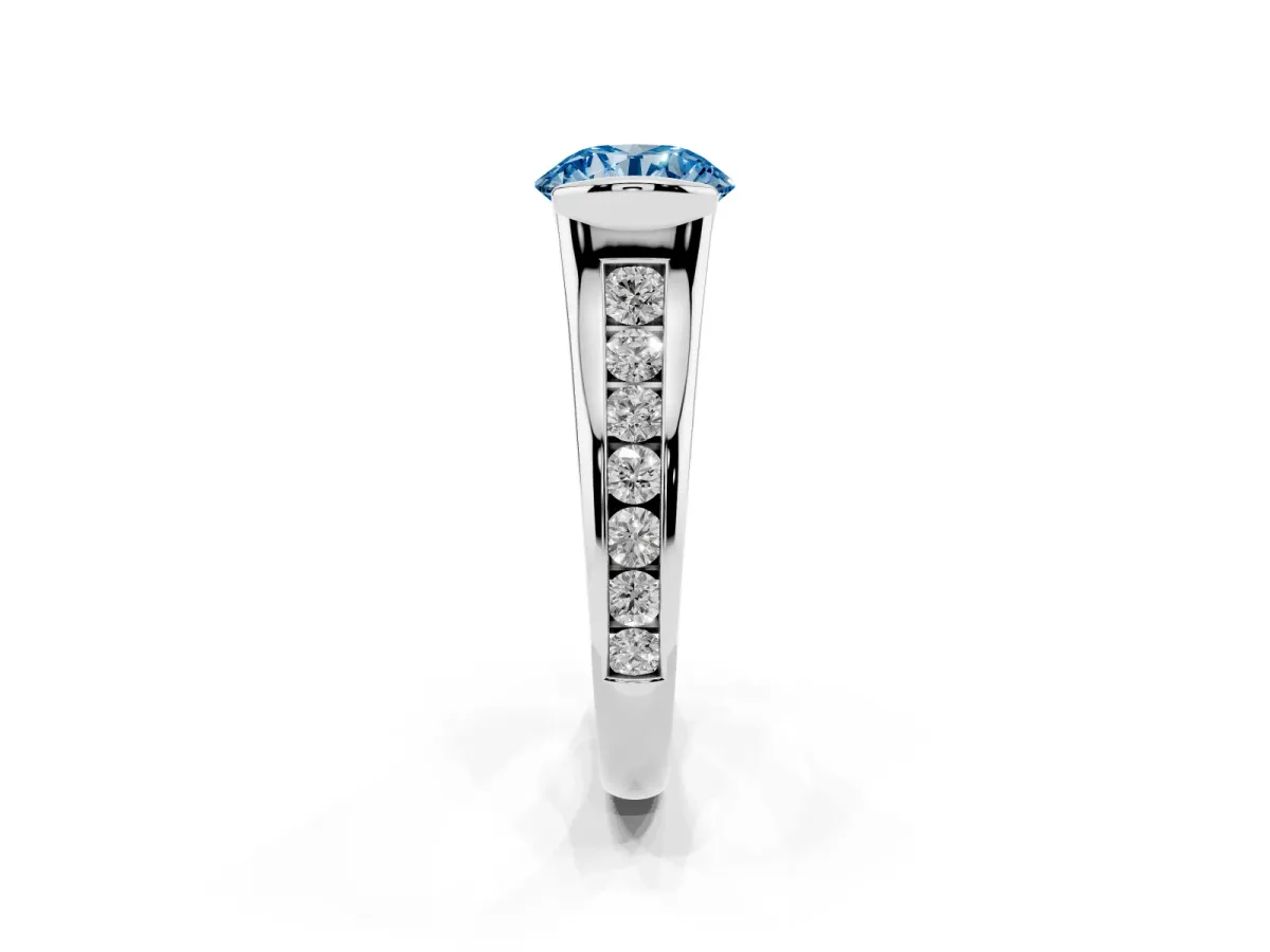 Fancy Blue Round Cut Solitaire Bezel-Set Diamond Ring with Channel-Set Band Platinum