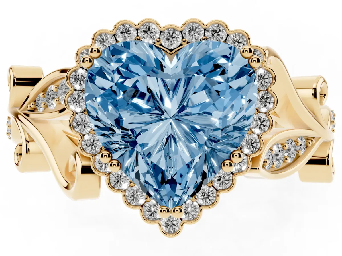 Fancy Blue Heart Cut Diamond Halo Ring with Vintage Split Shank and Four-Prong Setting Yellow gold