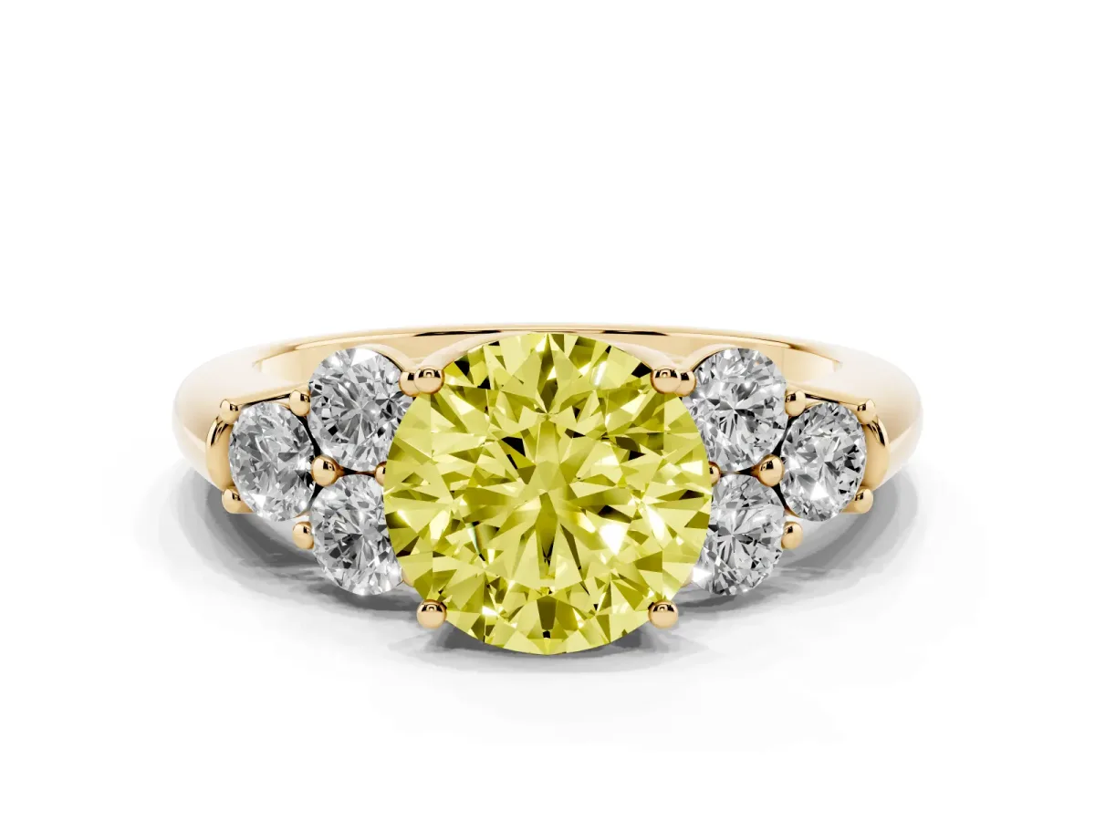 Fancy Yellow Round Cut Cut Diamond Cluster Ring with Round Accent Stones and Prong Setting on a Classic Band Yellow gold