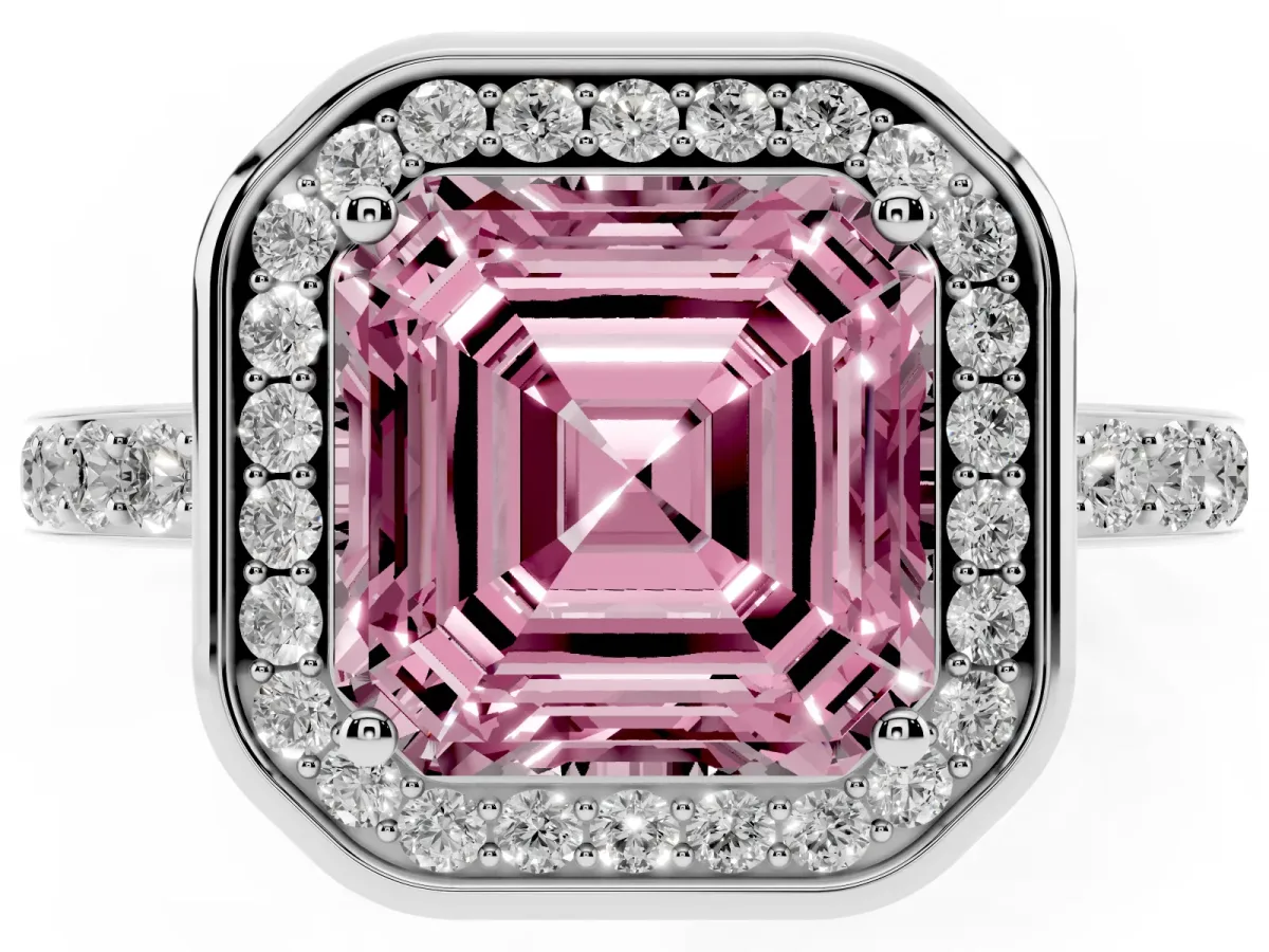 Fancy Pink Asscher Cut Diamond Halo Ring with Bezel Frame and Pavé Band Silver