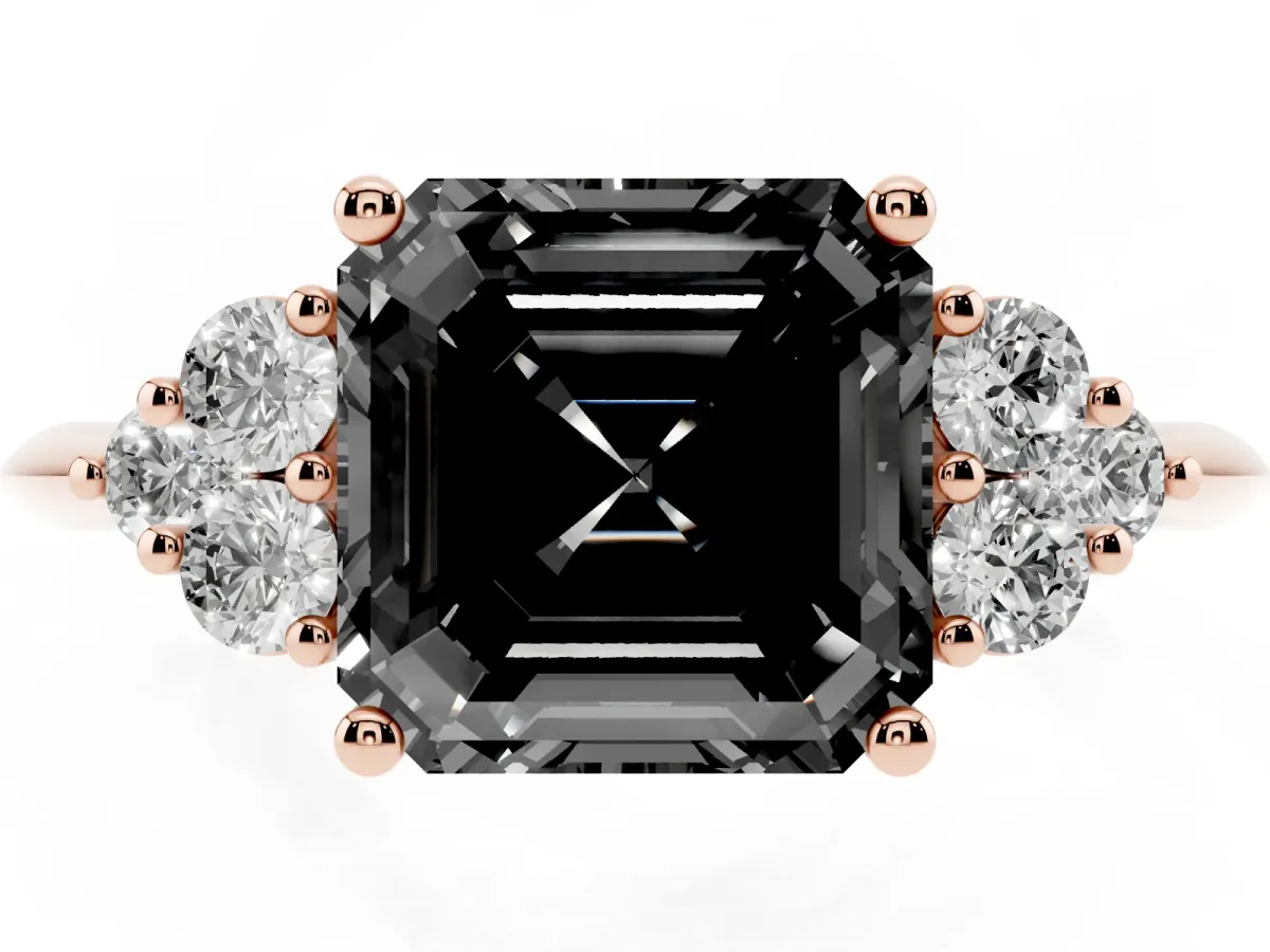 Fancy Black Asscher Cut Cut Diamond Cluster Ring with Solitaire Band and Four-Prong Setting Rose gold