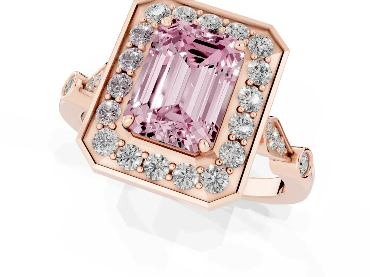 Fancy Pink Emerald Cut Halo Diamond Engagement Ring with Twisted Band and Four-Prong Setting Rose gold