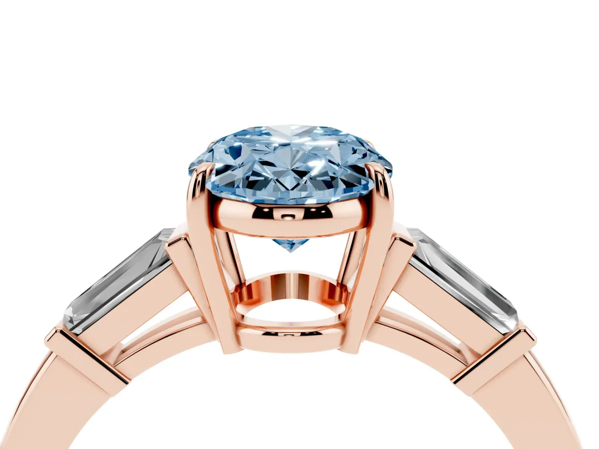 Fancy Blue Oval Cut Diamond Three-Stone Ring with Tapered Baguette Side Stones and Prong Setting Rose gold
