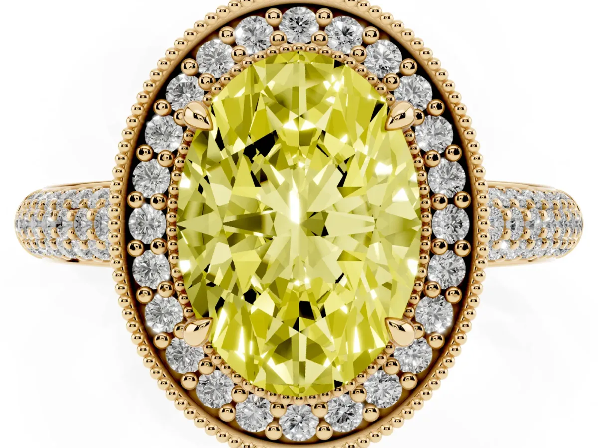 Fancy Yellow Oval Cut Cut Halo Diamond Pave Band with Four-Prong Setting Yellow gold
