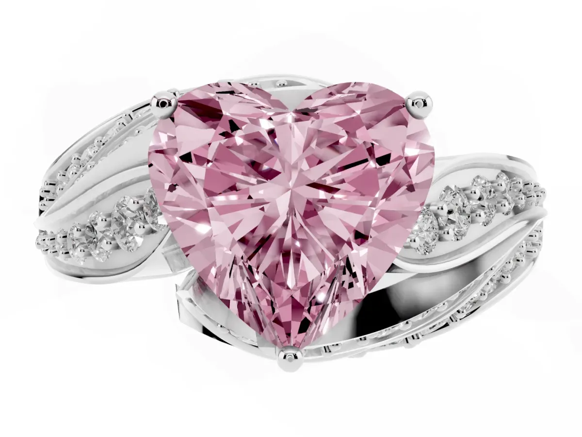 Fancy Pink Heart Cut Diamond Solitaire Ring with Prong Setting and Twisted Pavé Band Silver