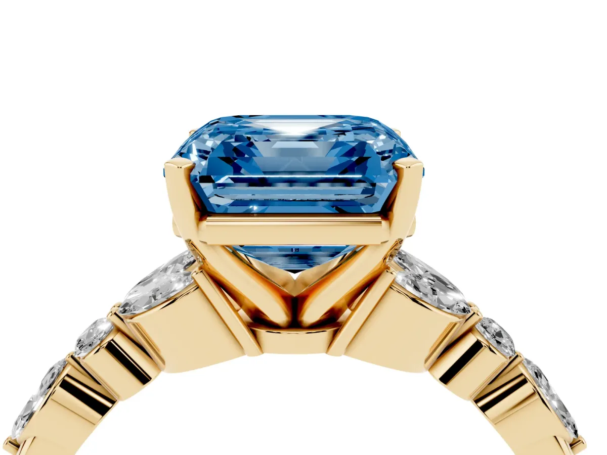Fancy Blue Asscher Cut Diamond Solitaire Ring with Side Stones and Four-Prong Setting Yellow gold
