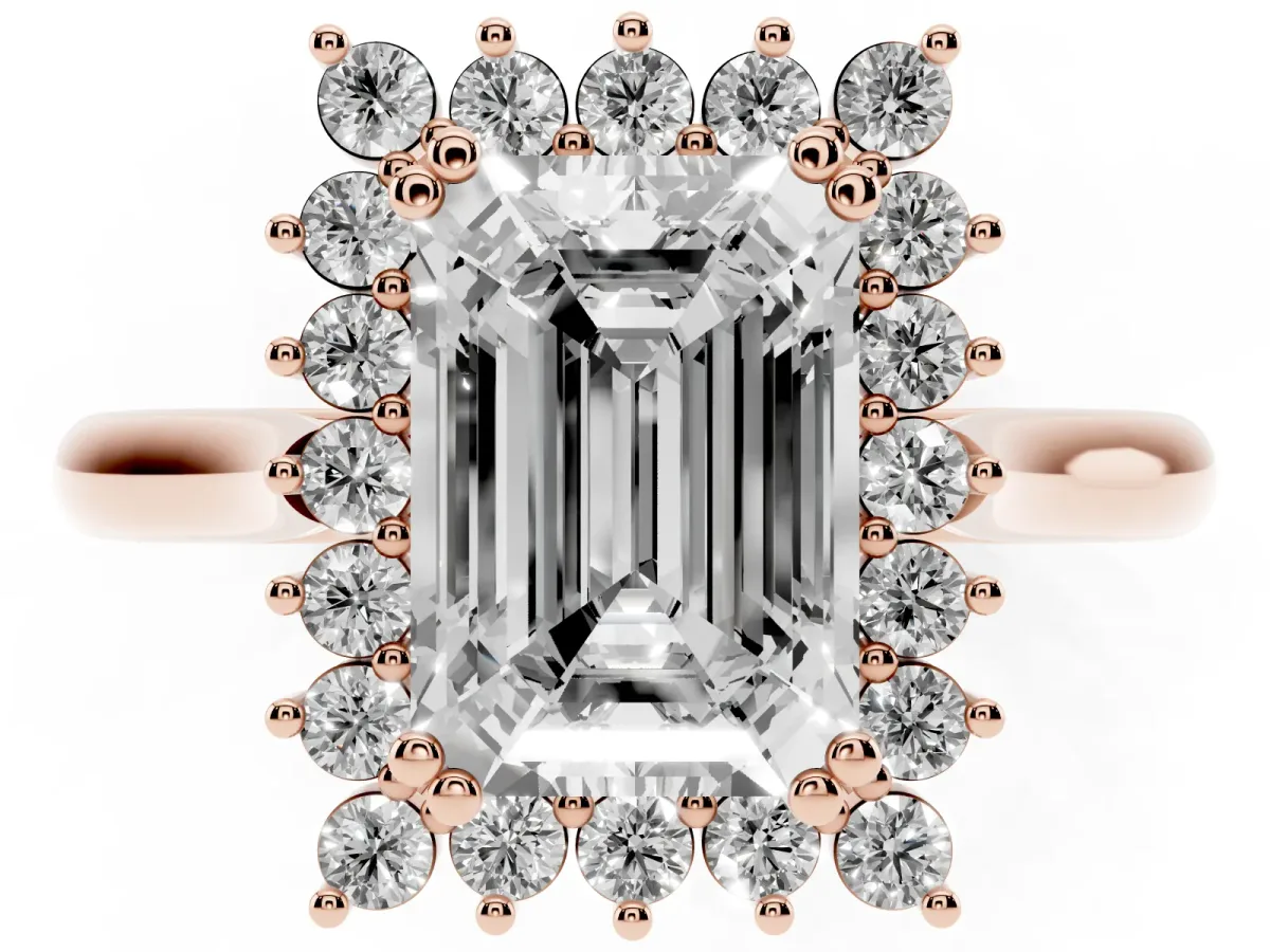 Emerald Cut Cut Diamond Halo Ring with Solitaire Band and Prong Setting Rose gold