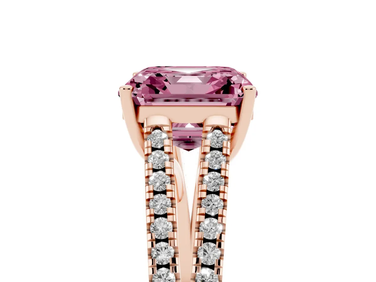 Fancy Pink Asscher Cut Diamond Solitaire Engagement Ring with Split Shank Pavé Band Rose gold