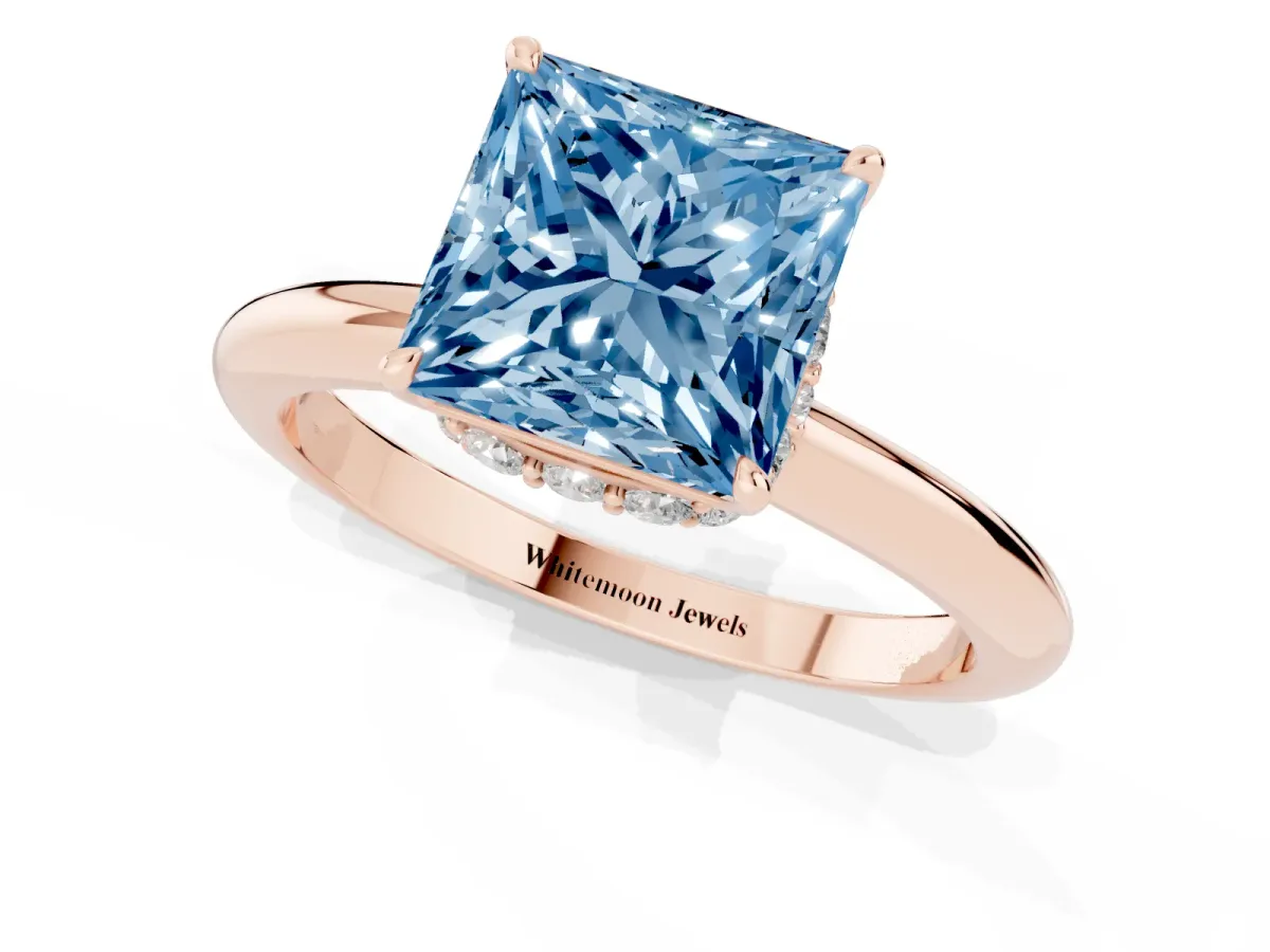 Fancy Blue Princess Cut Brilliant Solitaire Engagement Ring with Six-Prong Setting and Classic Band Rose gold