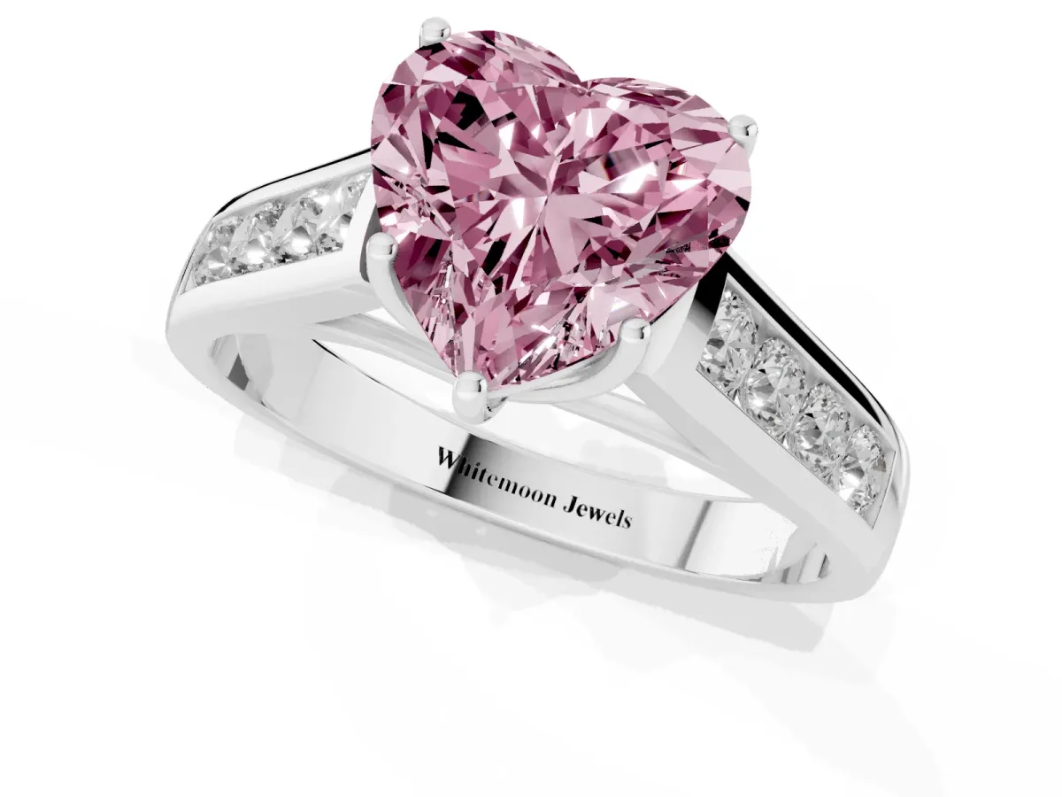 Fancy Pink Heart Cut Brilliant Channel-Set Solitaire Ring with Four-Prong Setting Platinum
