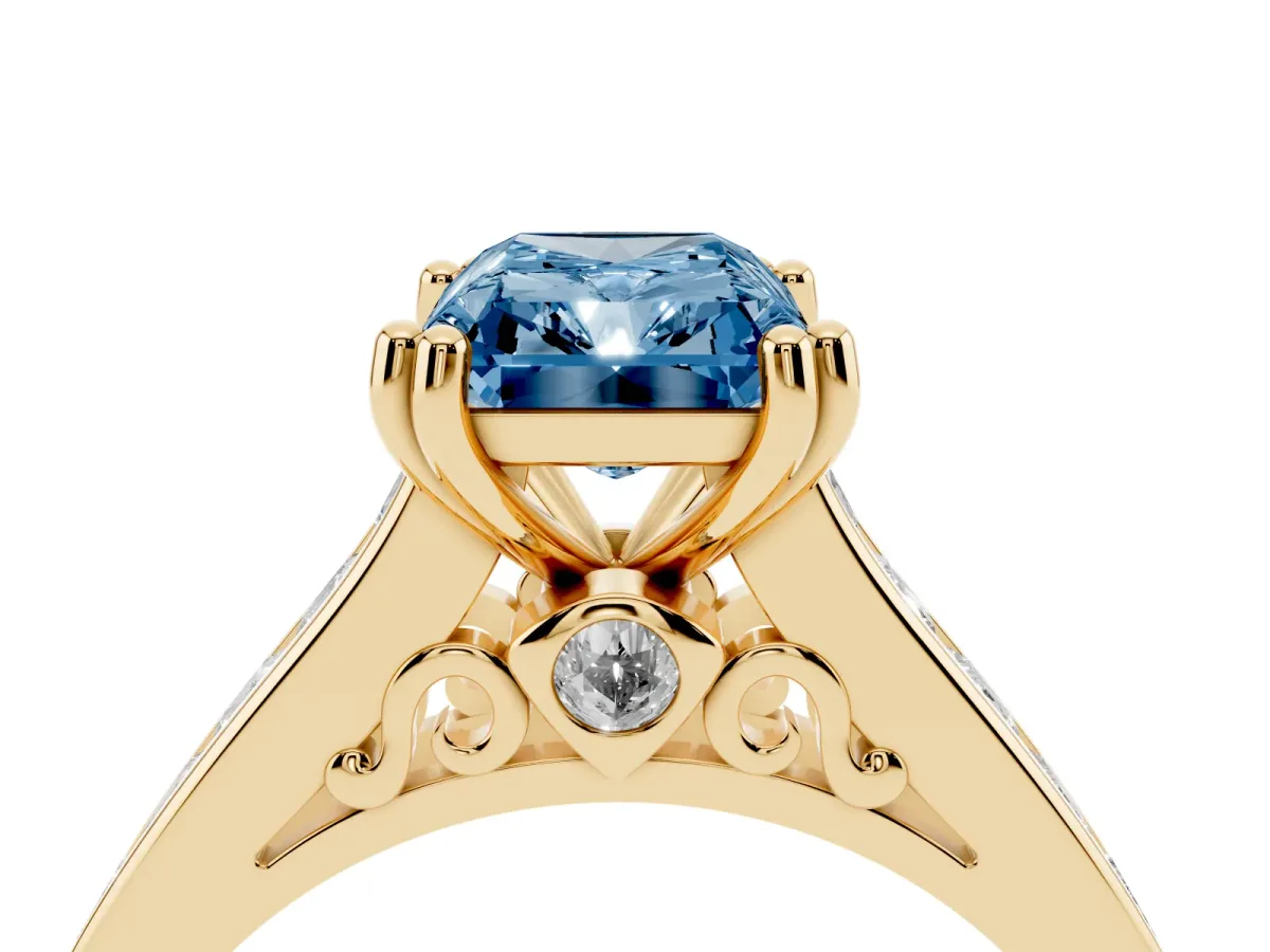 Fancy Blue Radiant Cut Cut Channel Set Solitaire Engagement Ring with Prong Setting Yellow gold