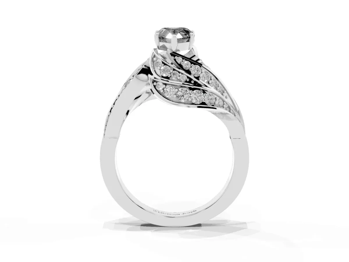 Fancy Black Pear Cut Diamond Solitaire Ring with Prong Setting and Twisted Pavé Band Silver