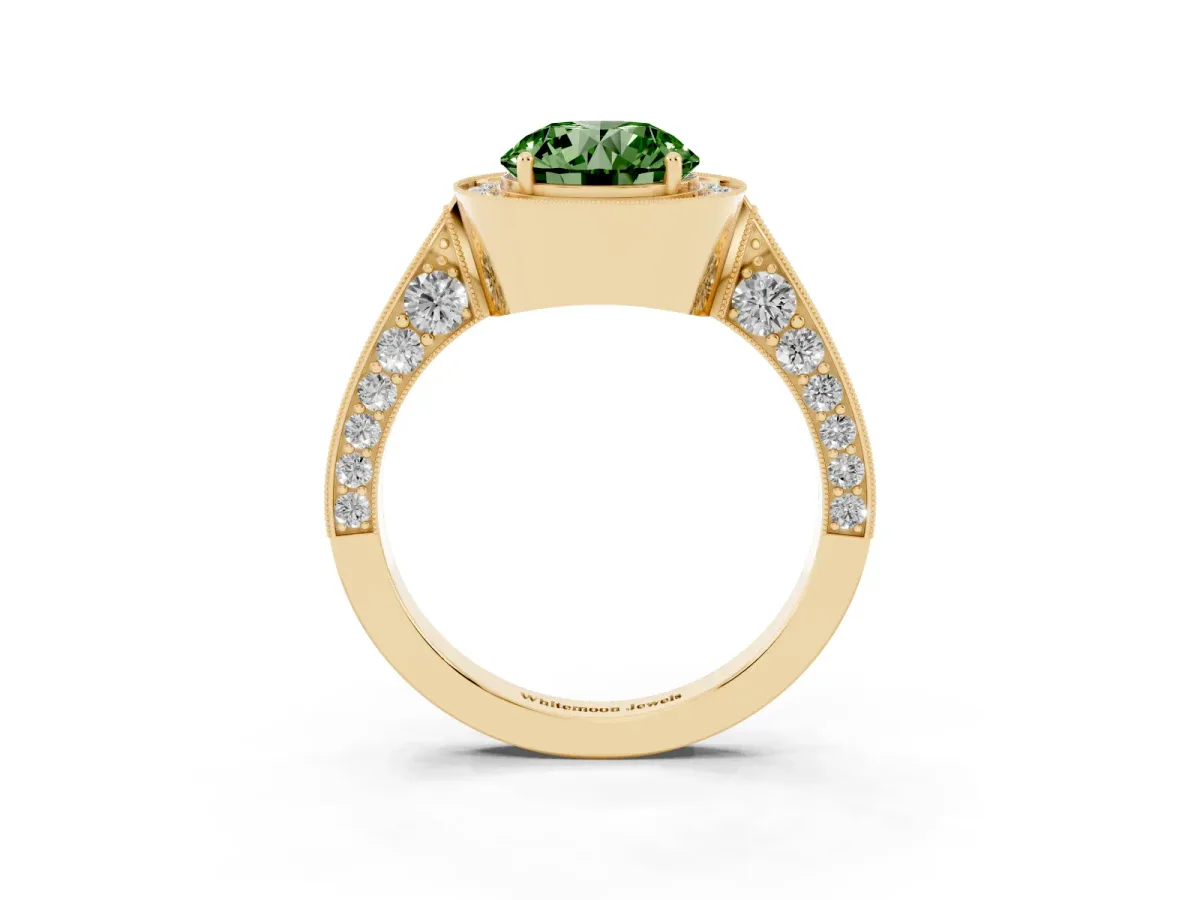 Fancy Green Round Cut Halo Diamond Engagement Ring with Split Shank Band and Four-Prong Setting Yellow gold
