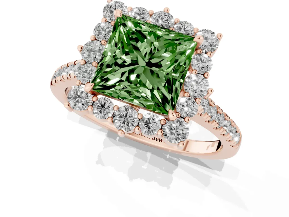 Fancy Green Princess Cut Halo Diamond Ring with Pavé Band and Prong Setting Rose gold