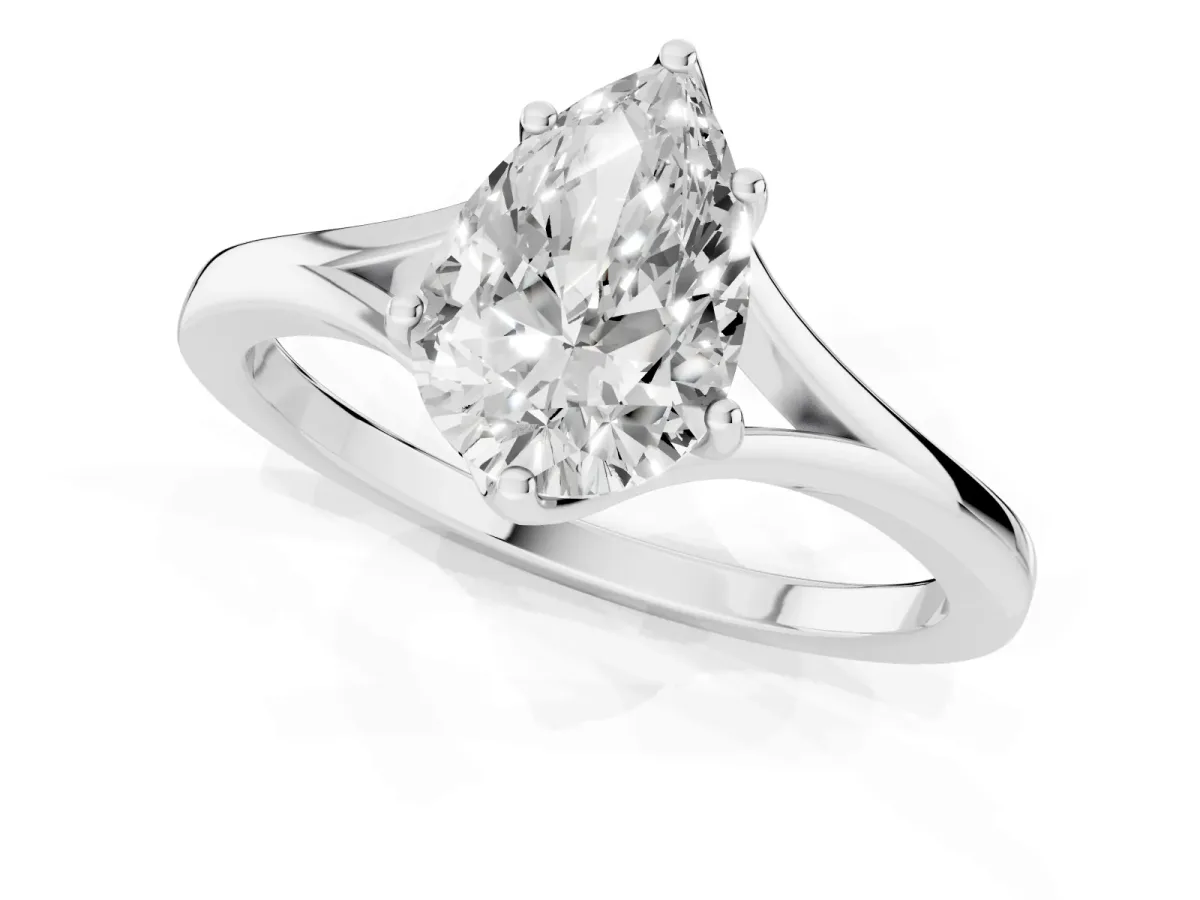 Pear Cut Solitaire Diamond Ring with Six-Prong Setting and Tapered Band Platinum