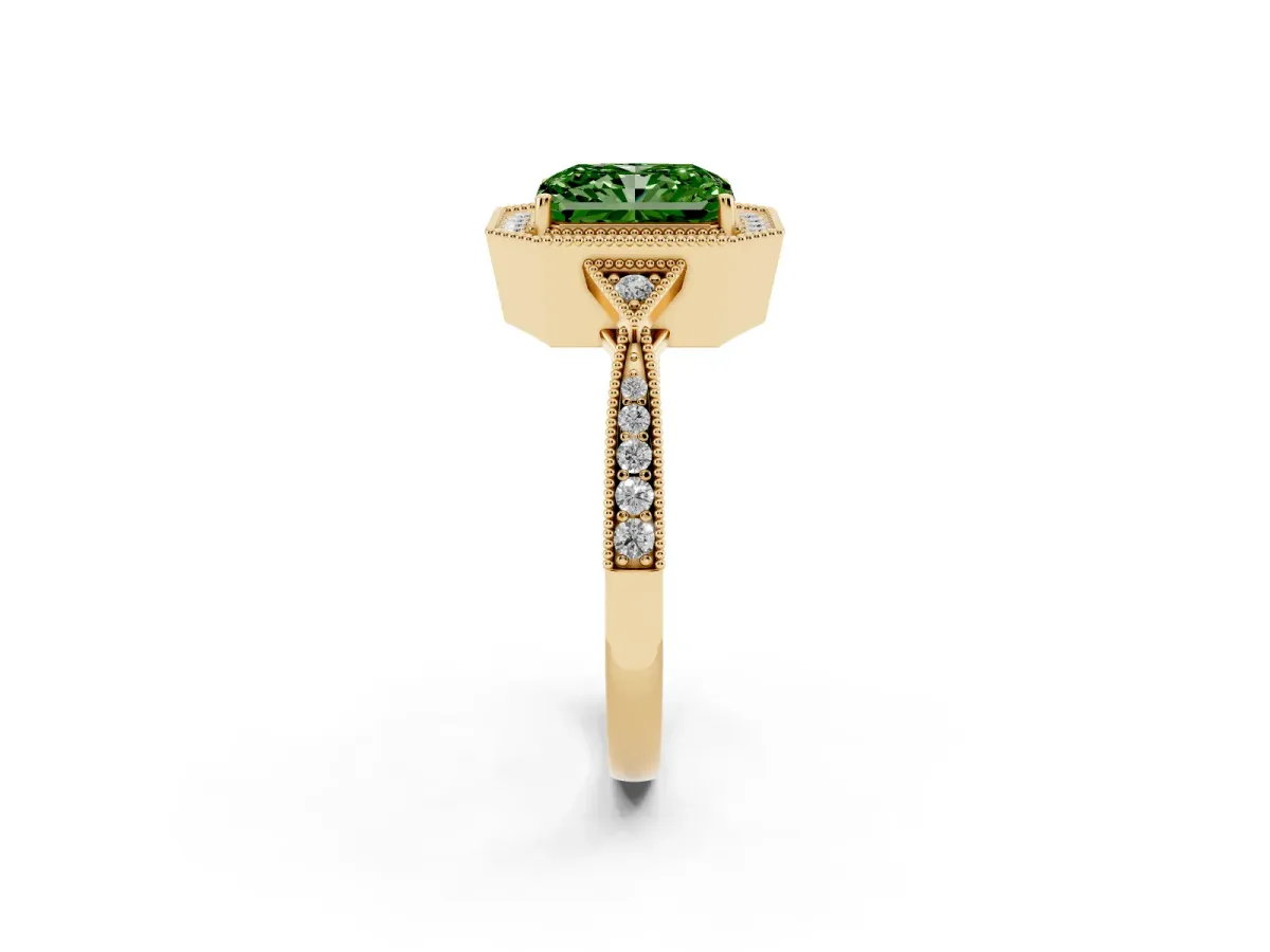 Fancy Green Radiant Cut Halo Round Diamond Milgrain Pave Engagement Ring Yellow gold
