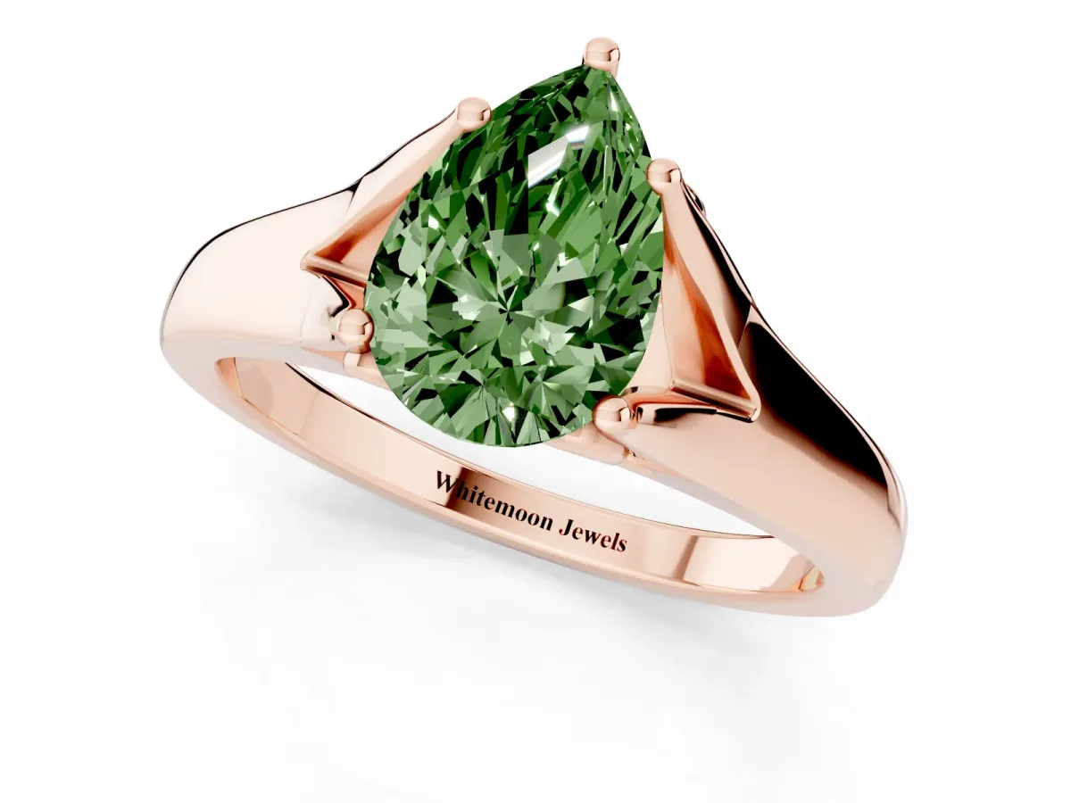 Fancy Green Pear Cut Solitaire Diamond Ring with Cathedral Band and Four-Prong Setting Rose gold