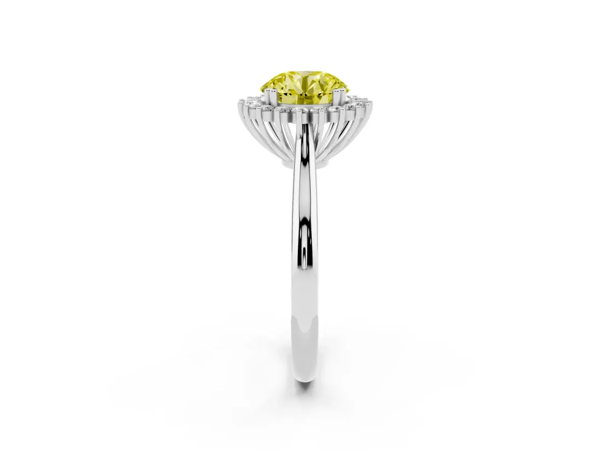 Fancy Yellow Round Cut Cut Diamond Halo Ring with Solitaire Band and Prong Setting Silver