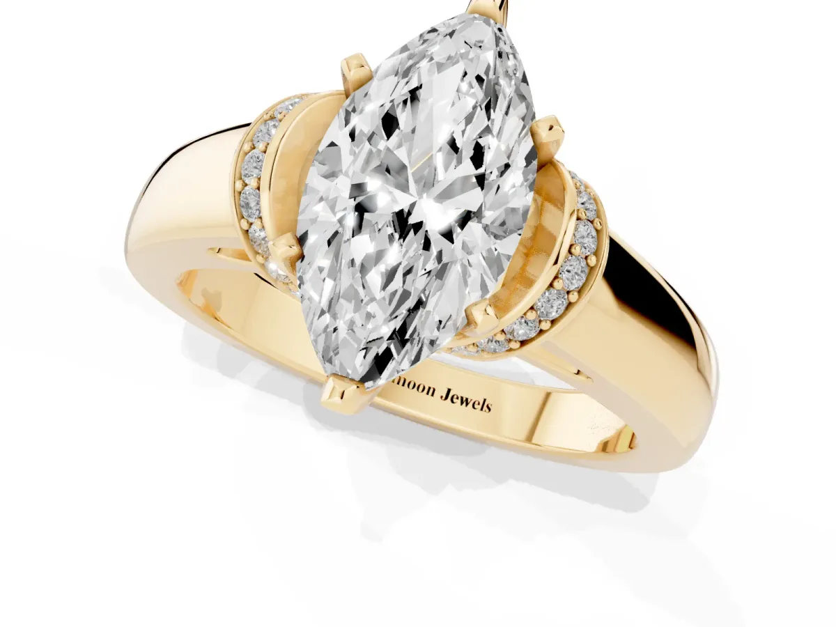 Marquise Cut Solitaire Diamond Ring with Pave Band and Six-Prong Setting Yellow gold