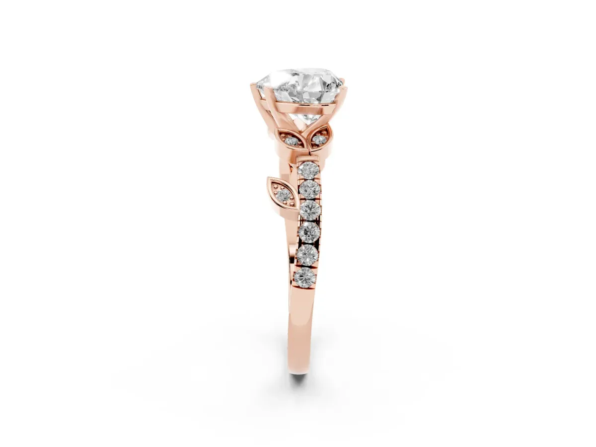 Heart Cut Solitaire Leaf-Inspired Diamond Ring with Pavé Band and Four-Prong Setting Rose gold
