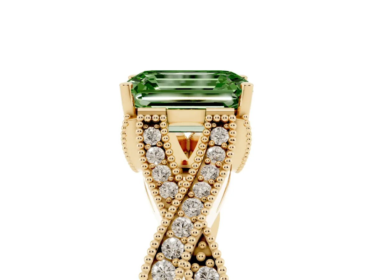 Fancy Green Emerald Cut Cut Diamond Twisted Band with Milgrain Pave Setting and Four-Prong Setting Yellow gold
