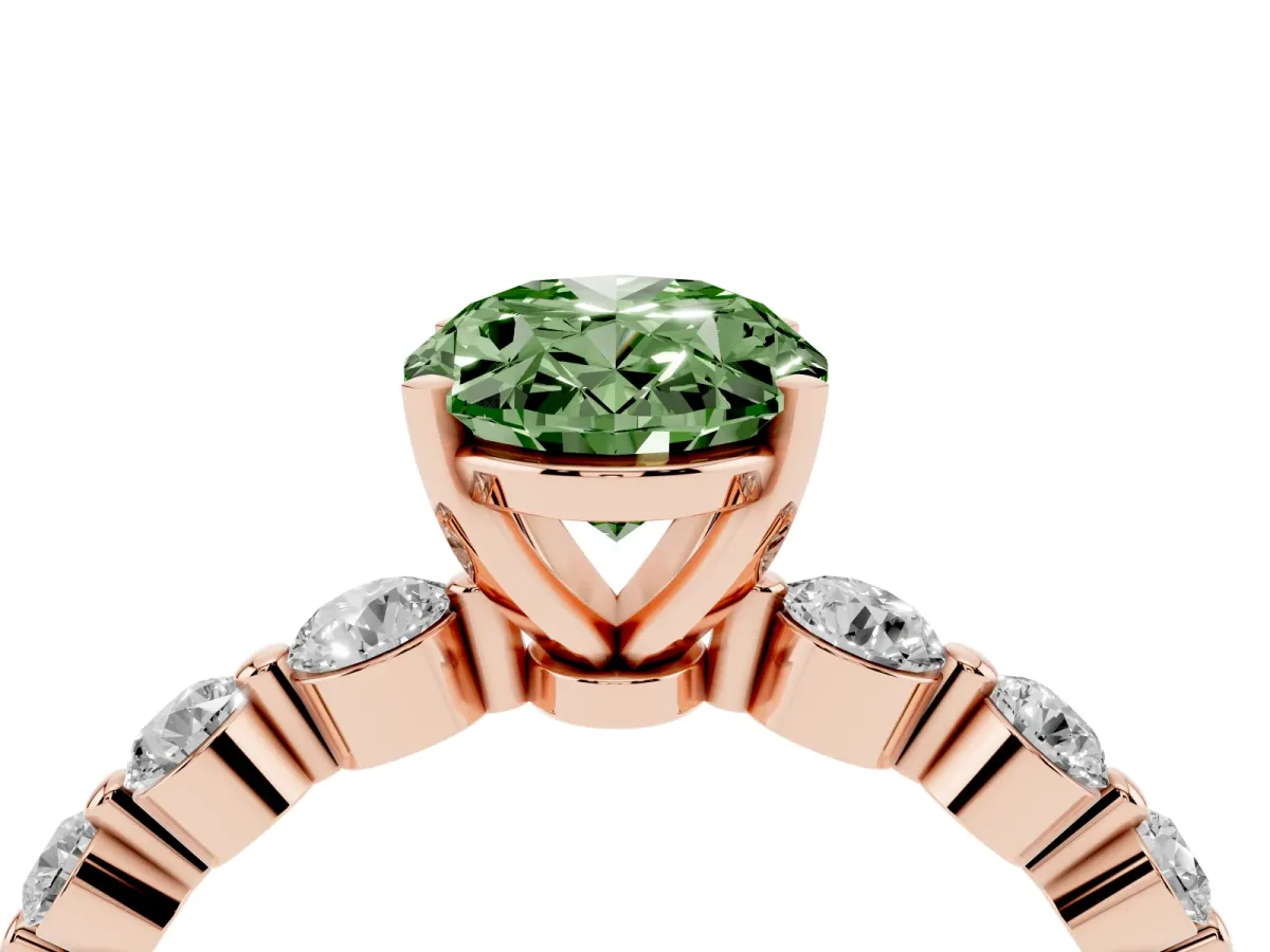 Fancy Green Oval Cut Solitaire Diamond Ring with Pave Band and Four-Prong Setting Rose gold