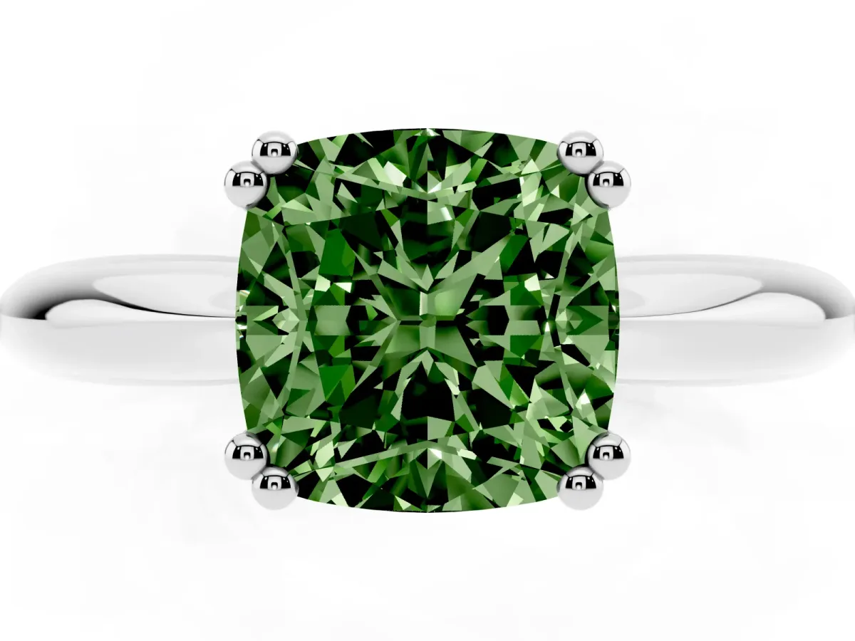 Fancy Green Cushion Cut Cut Solitaire Engagement Ring with Tapered Band and Four-Prong Setting Silver