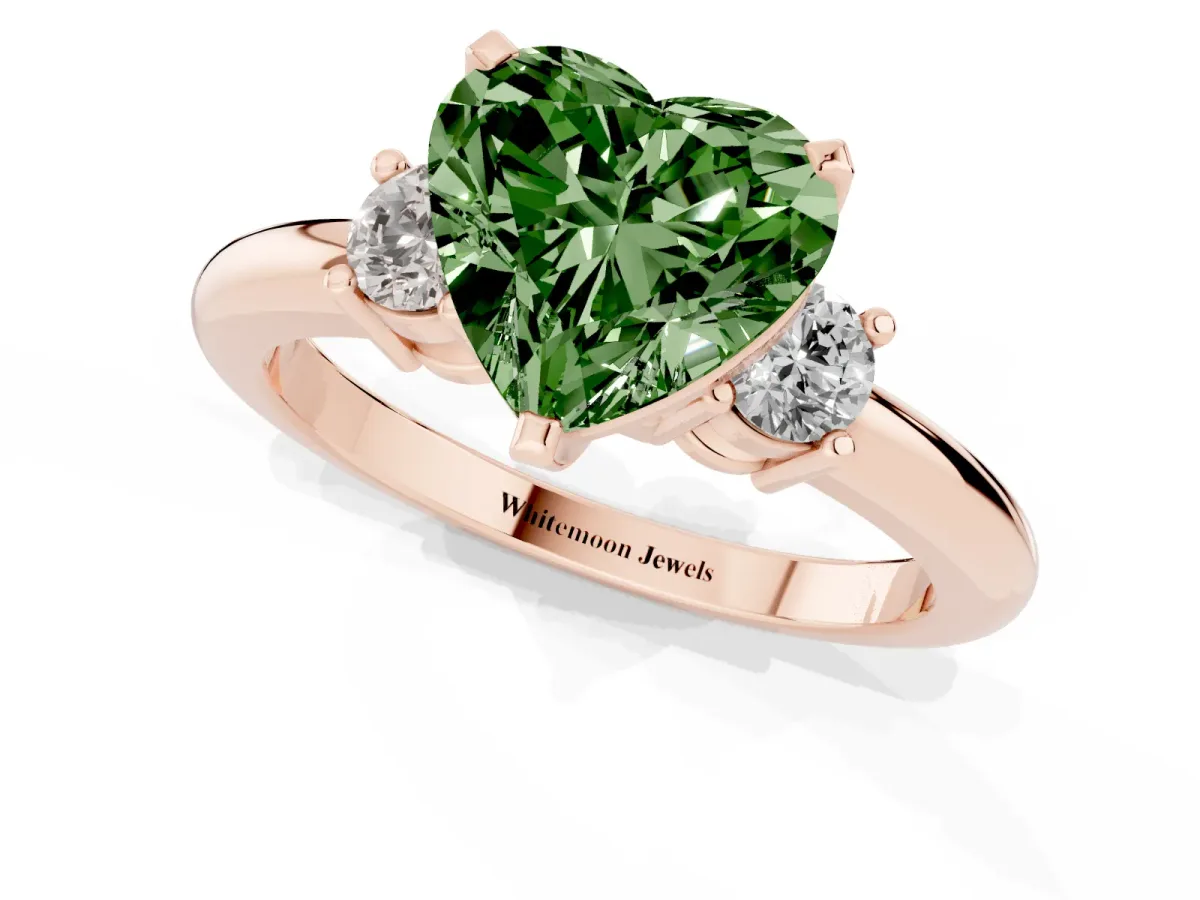 Fancy Green Three-Stone Heart Cut Cut Diamond Solitaire with Prong Setting and Classic Band Rose gold
