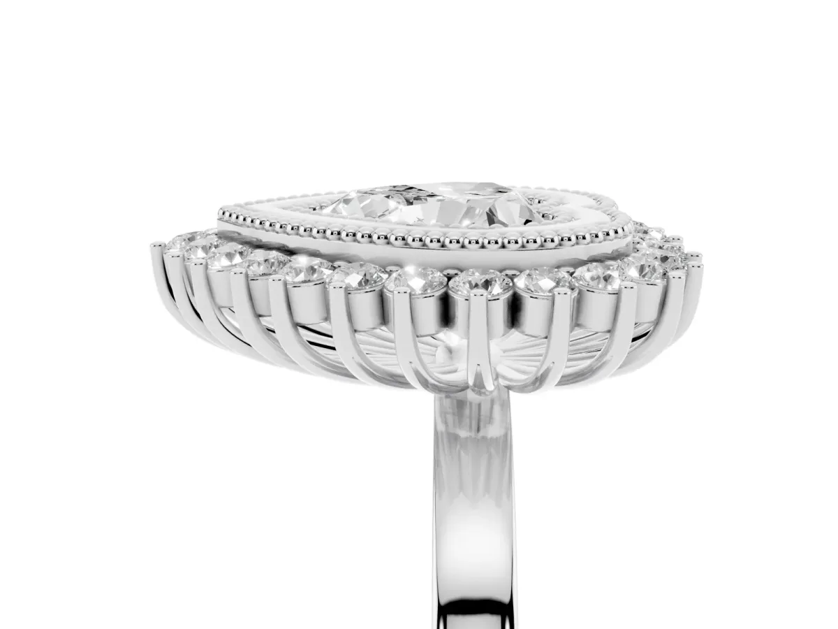 Heart Cut Halo Diamond Ring with Milgrain Edge and Round Prong Setting Silver