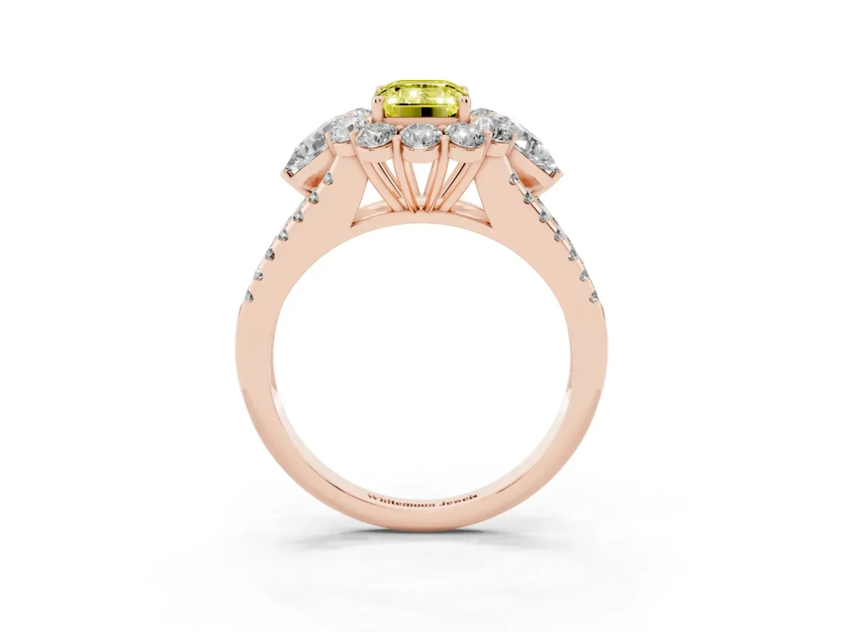 Fancy Yellow Emerald Cut Halo Split Shank Diamond Engagement Ring with Prong Setting Rose gold