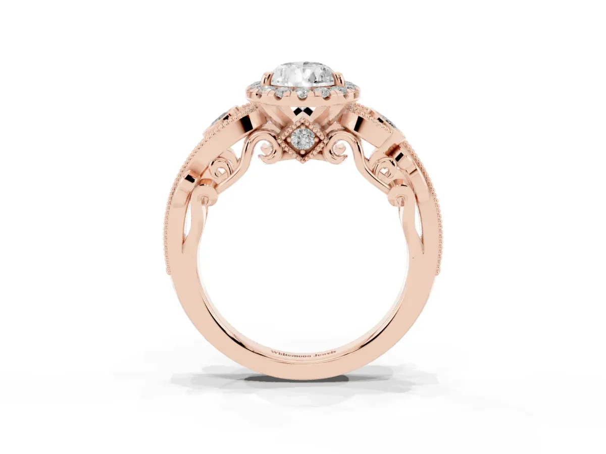 Pear Cut Halo Diamond Ring with Milgrain and Bezel Accents on a Split Shank Band Rose gold