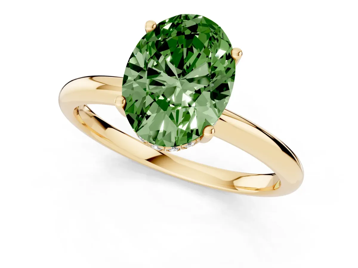 Fancy Green Oval Cut Cut Solitaire Engagement Ring with Four-Prong Setting and Classic Band Yellow gold