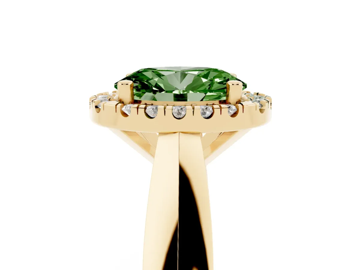 Fancy Green Oval Cut Cut Halo Solitaire Engagement Ring with Square Band and Four-Prong Setting Yellow gold