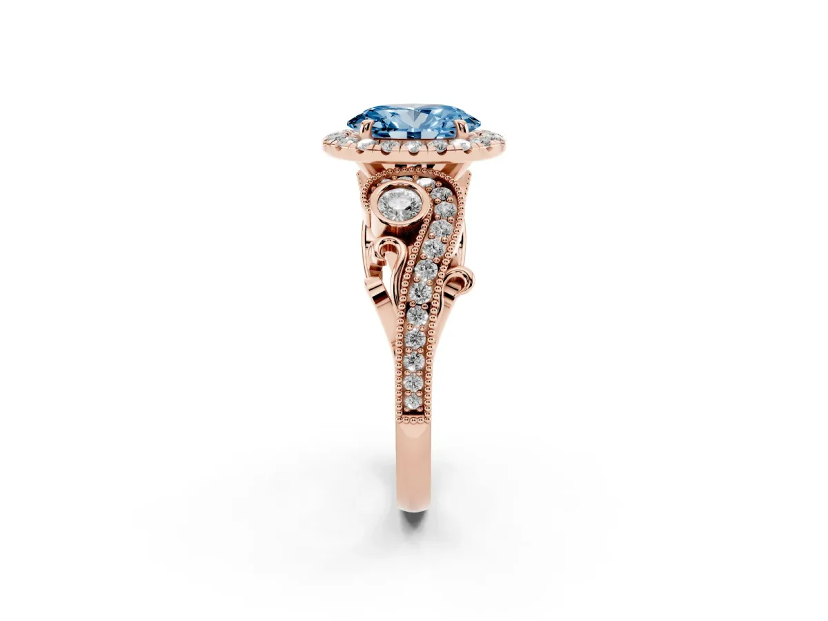 Fancy Blue Oval Cut Diamond Halo Ring with Milgrain Pavé Band and Four-Prong Setting Rose gold