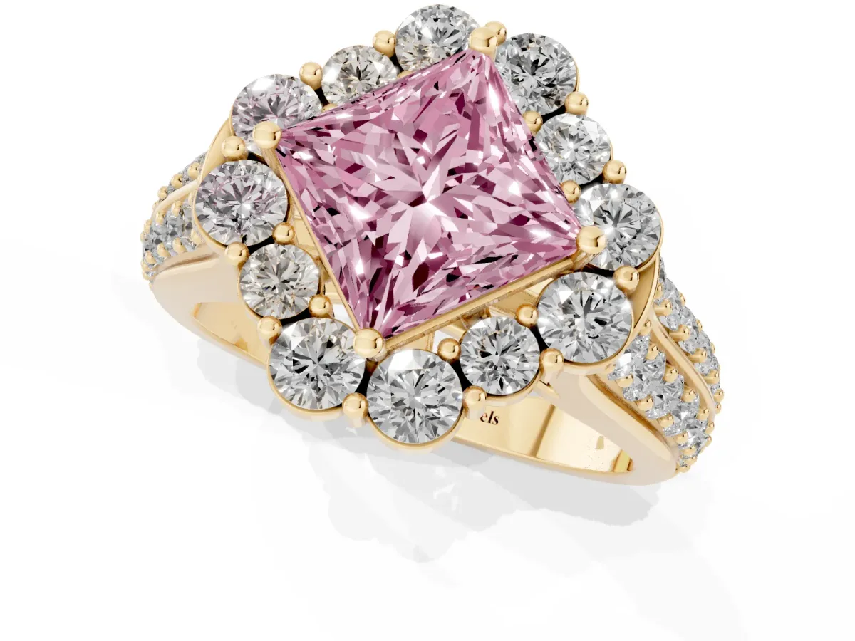 Fancy Pink Princess Cut Halo Diamond Engagement Ring with Split Shank and Prong Setting Yellow gold