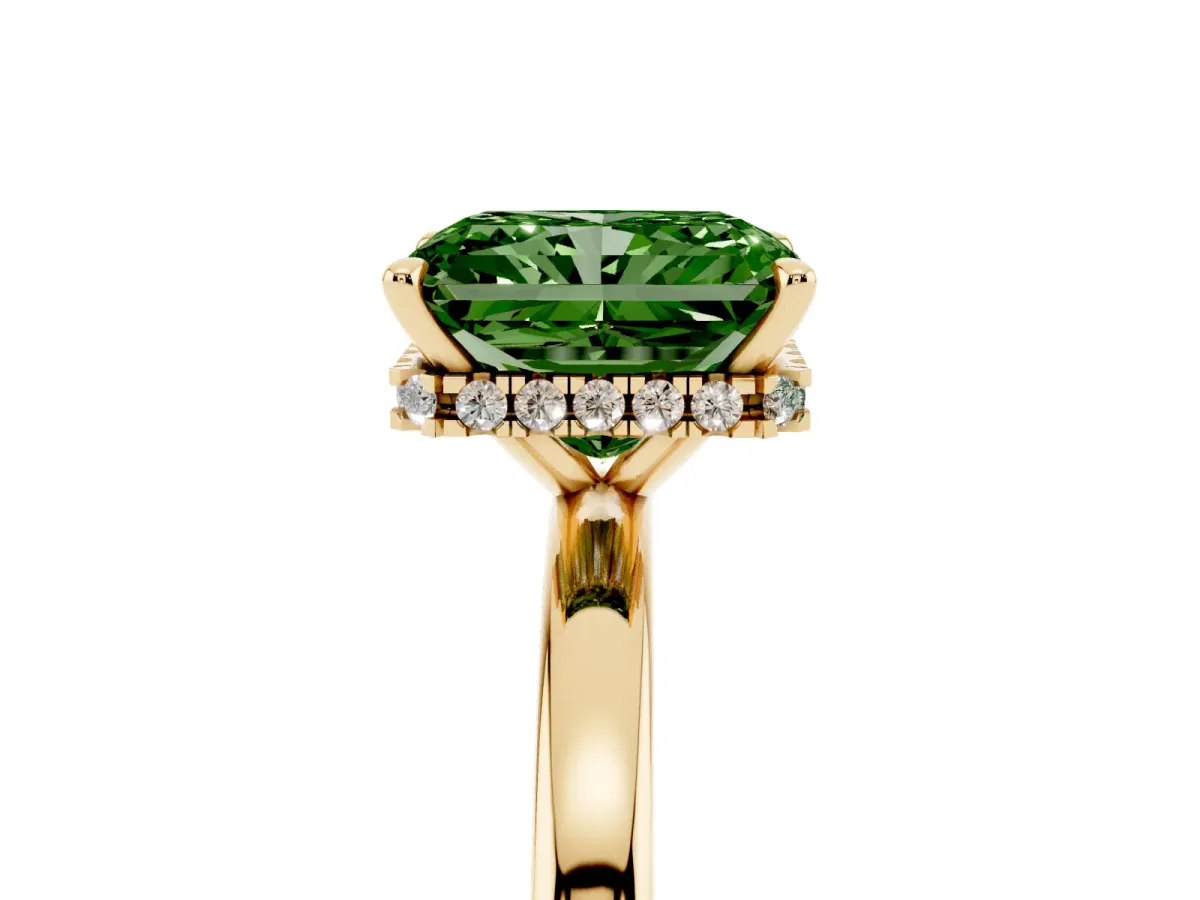 Fancy Green Radiant Cut Solitaire Engagement Ring with Cathedral Band and Four-Prong Setting Yellow gold