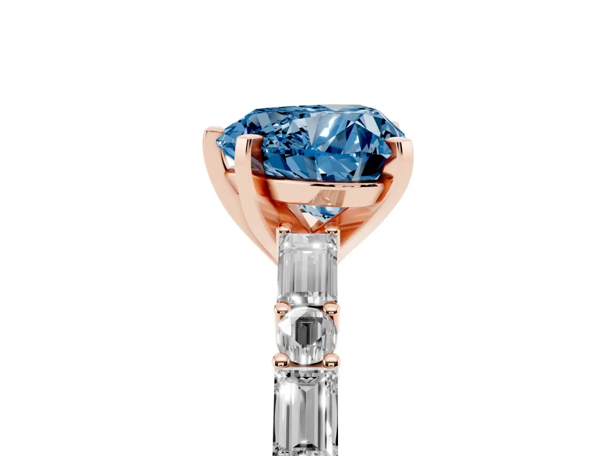 Fancy Blue Heart Cut Diamond Solitaire with Side Baguettes and Channel Set Band Rose gold